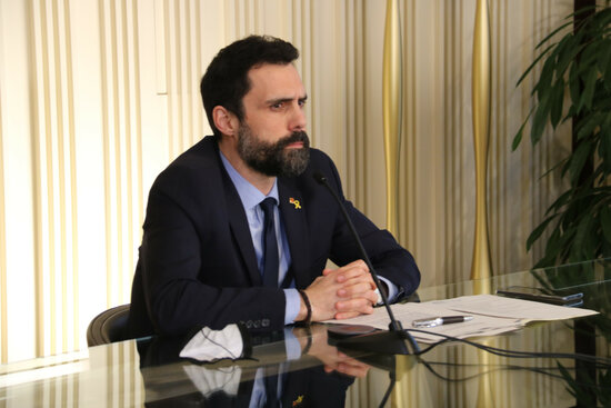 Catalan parliament speaker Roger Torrent during a Francophonie Parliamentary Assembly meeting on January 26, 2021 (by Eli Don)